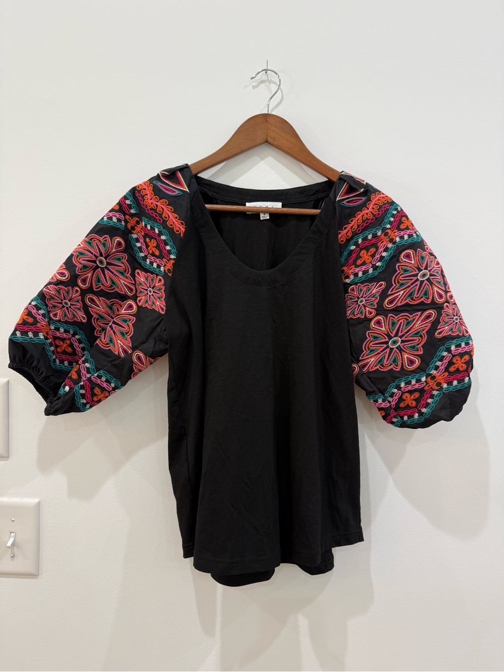 THML Embroidered Puff Sleeve Black Top with Embroidered Floral Sleeves